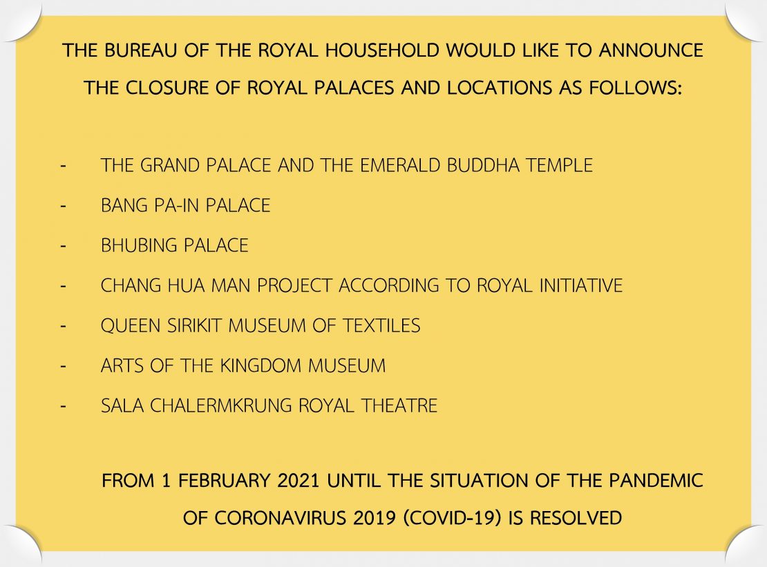 THE BUREAU OF THE ROYAL HOUSEHOLD WOULD LIKE TO ANNOUNCE THE CLOSURE OF ROYAL PALACES AND LOCATIONS