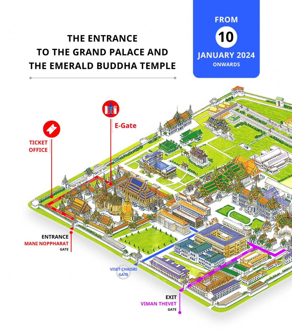 THE BUREAU OF THE ROYAL HOUSEHOLD WOULD LIKE TO ANNOUNCE THE CHANGING OF THE ENTRANCE TO THE GRAND PALACE AND THE EMERALD BUDDHA TEMPLE